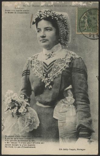Chambretaud. - La mariée de Chambretaud (prénommée Jaquette), avec coiffe, col en dentelle et bouquet.